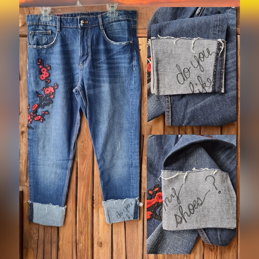Zara Embroidered Distressed Blue Jeans
